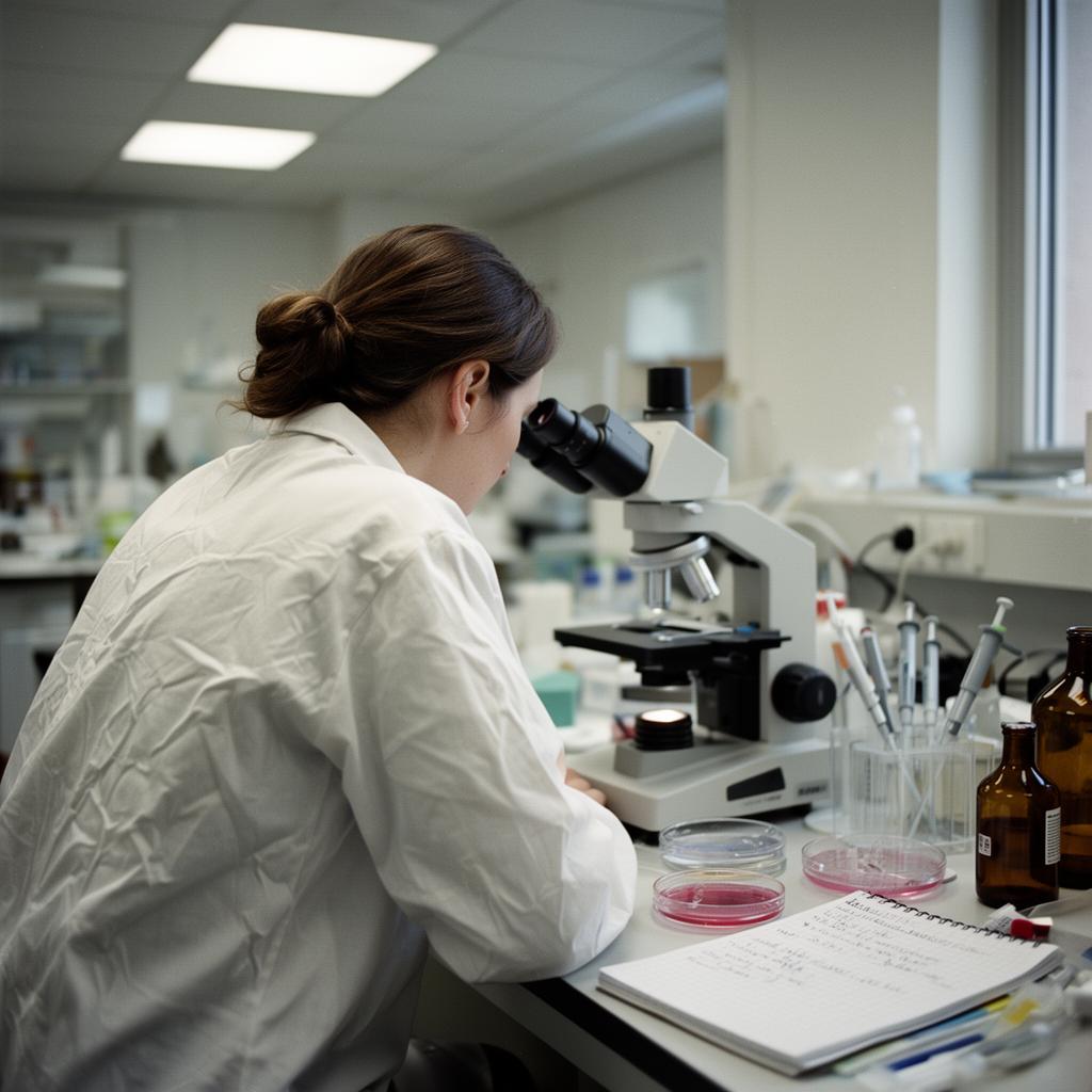 Cientista analisando amostra ao microscópio